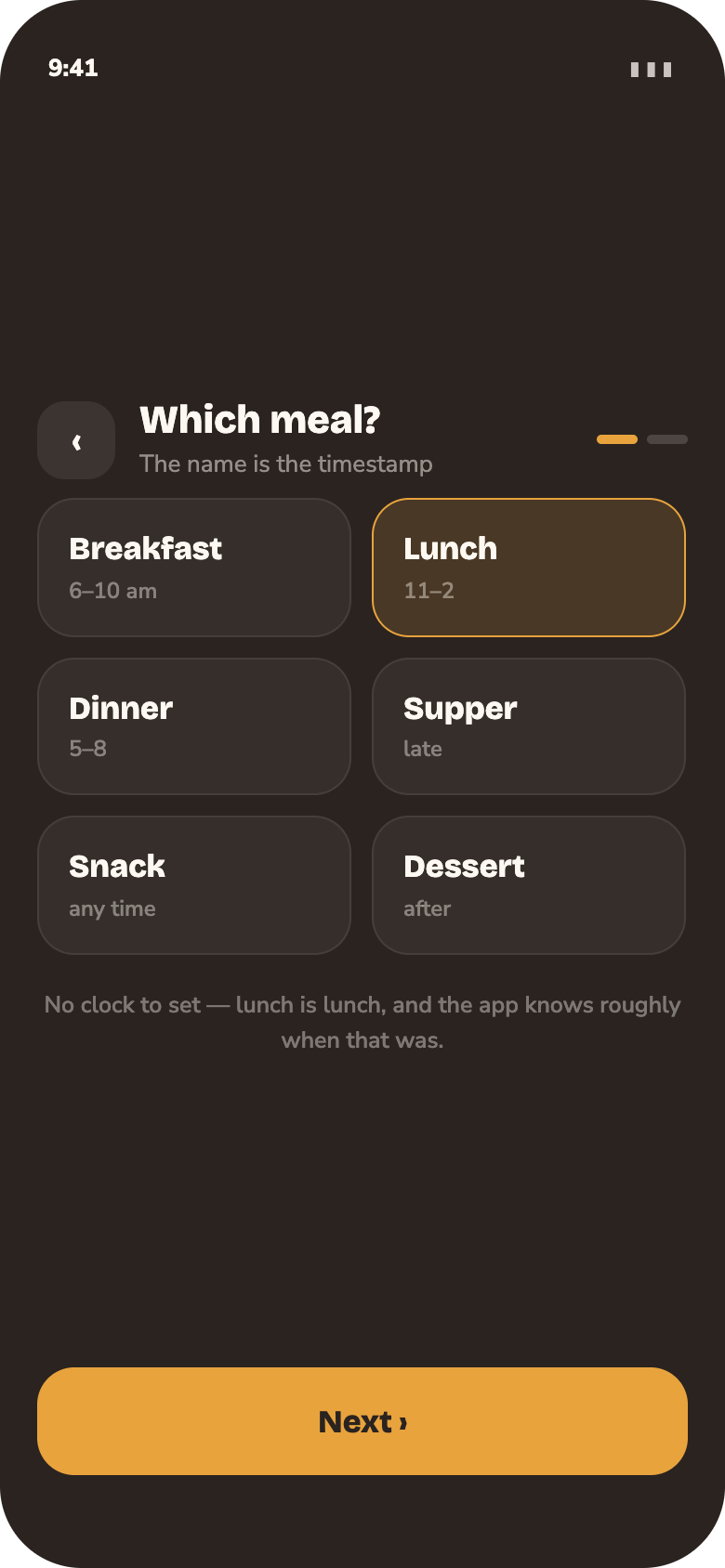 Which meal? — The meal name is the timestamp. No clock to set.