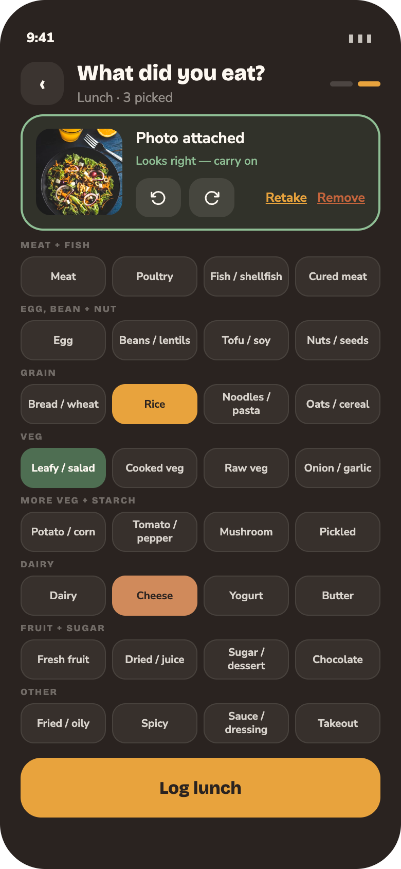 What did you eat? — Tap the foods. Attach a photo and you'll remember the details later.