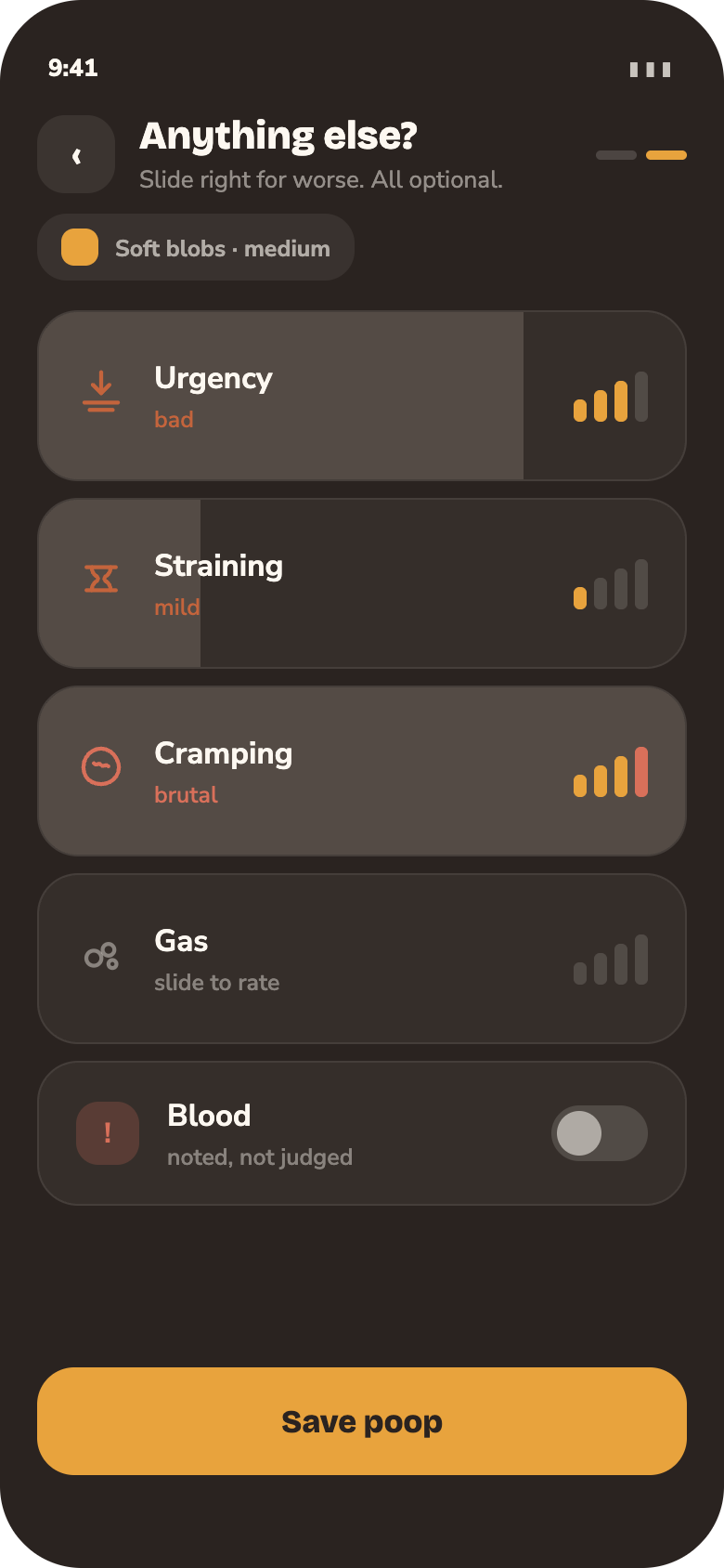 Anything else? — Four symptom sliders, all optional. Slide right for worse.